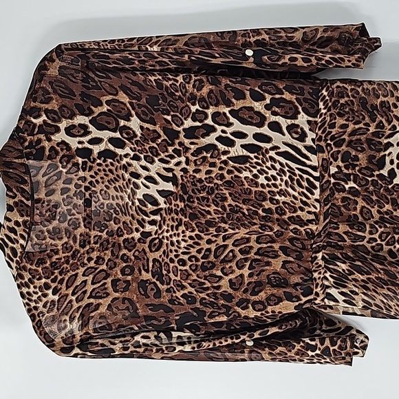 Sheer Leopard Print Shirt Dress Tunic w Button Front & Drawstring Waist - Picture 11 of 17